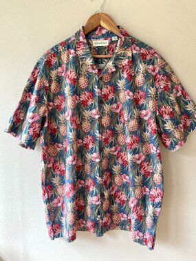 Caribbean Mens Sz XL Pineapple Floral Tropical Short Sleeve Shirt Button Down